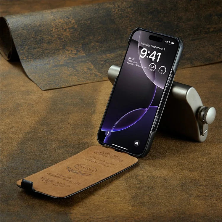 For iPhone 16 Pro Max Case Vertical Flip Leather Crazy Horse Texture Phone Cover