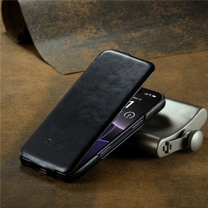 For iPhone 16 Pro Max Case Vertical Flip Leather Crazy Horse Texture Phone Cover