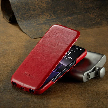 For iPhone 16 Pro Max Case Vertical Flip Leather Crazy Horse Texture Phone Cover