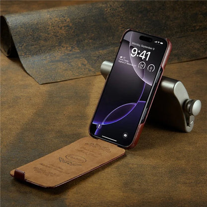 For iPhone 16 Pro Max Case Vertical Flip Leather Crazy Horse Texture Phone Cover