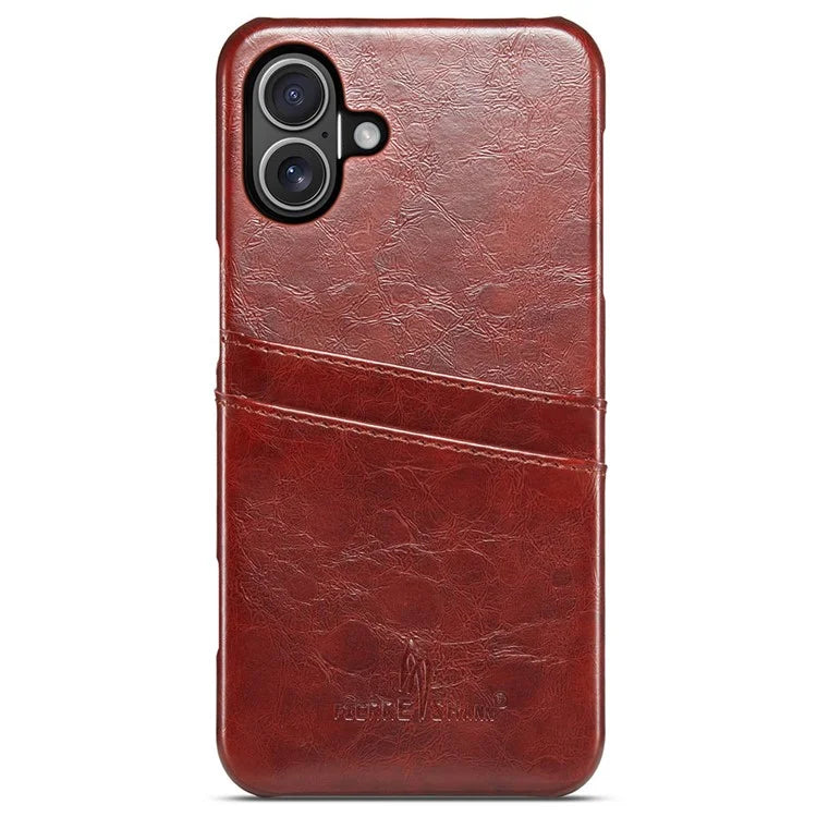FIERRE SHANN For iPhone 16 Plus Case Waxy PU Leather+PC Card Holder Phone Cover