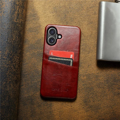 FIERRE SHANN For iPhone 16 Plus Case Waxy PU Leather+PC Card Holder Phone Cover