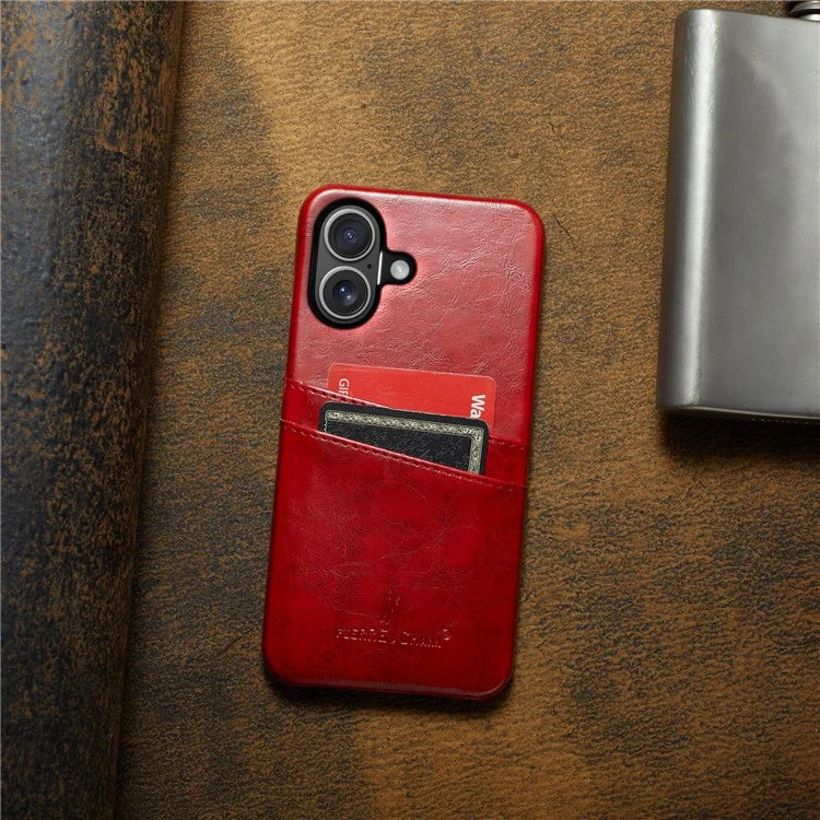 FIERRE SHANN For iPhone 16 Plus Case Waxy PU Leather+PC Card Holder Phone Cover