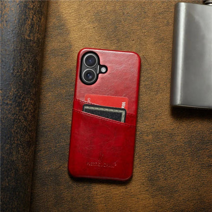 FIERRE SHANN For iPhone 16 Plus Case Waxy PU Leather+PC Card Holder Phone Cover