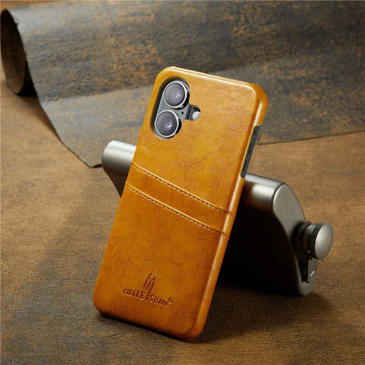 FIERRE SHANN For iPhone 16 Plus Case Waxy PU Leather+PC Card Holder Phone Cover