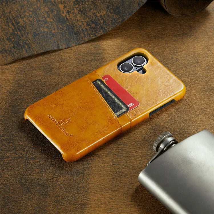 FIERRE SHANN For iPhone 16 Plus Case Waxy PU Leather+PC Card Holder Phone Cover