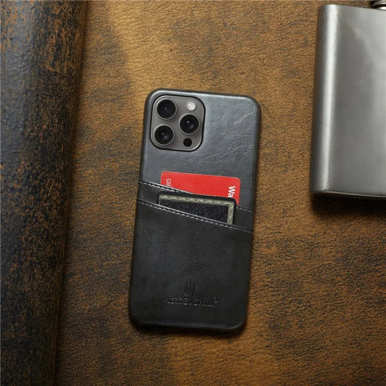 FIERRE SHANN For iPhone 16 Pro Case Waxy PU Leather+PC Card Holder Phone Cover