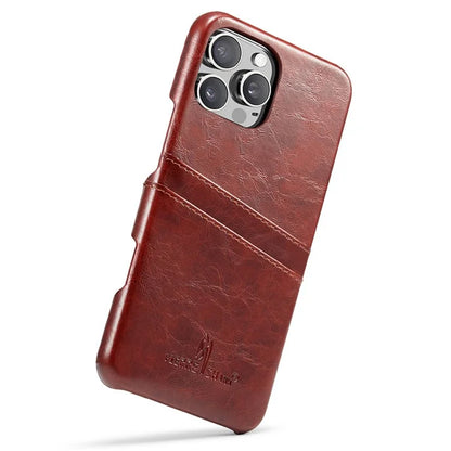 FIERRE SHANN For iPhone 16 Pro Case Waxy PU Leather+PC Card Holder Phone Cover