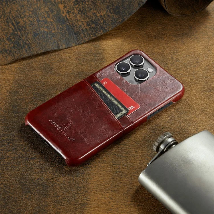 FIERRE SHANN For iPhone 16 Pro Case Waxy PU Leather+PC Card Holder Phone Cover