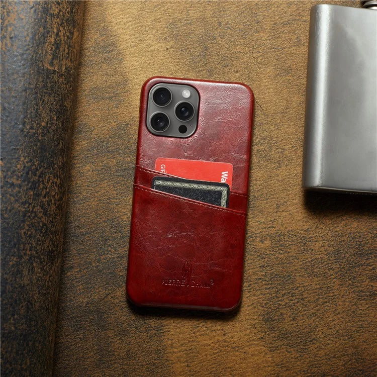 FIERRE SHANN For iPhone 16 Pro Case Waxy PU Leather+PC Card Holder Phone Cover