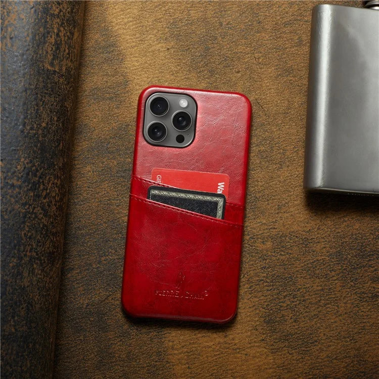 FIERRE SHANN For iPhone 16 Pro Case Waxy PU Leather+PC Card Holder Phone Cover