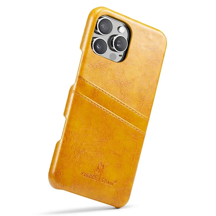 FIERRE SHANN For iPhone 16 Pro Case Waxy PU Leather+PC Card Holder Phone Cover