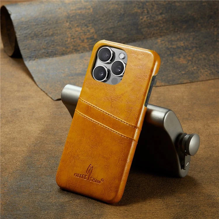 FIERRE SHANN For iPhone 16 Pro Case Waxy PU Leather+PC Card Holder Phone Cover