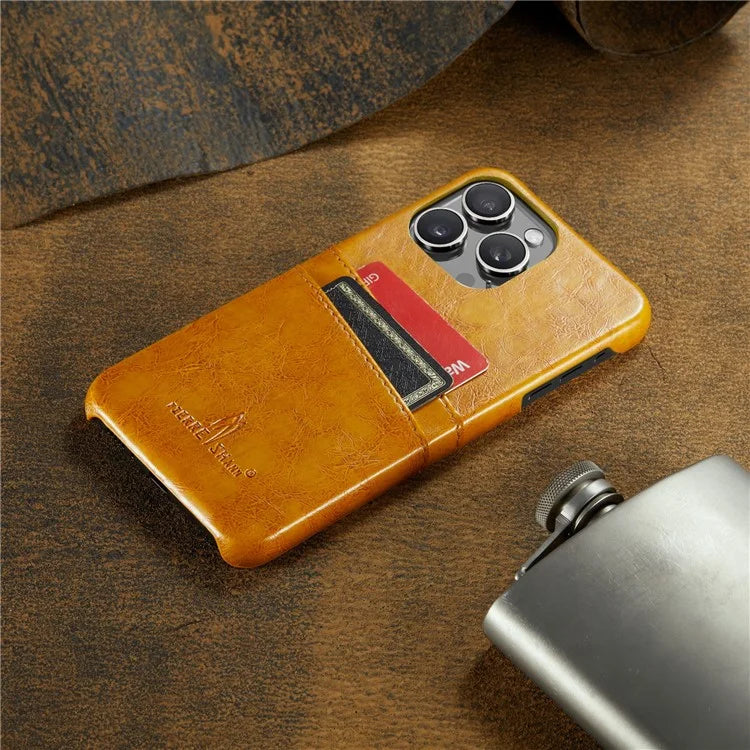 FIERRE SHANN For iPhone 16 Pro Case Waxy PU Leather+PC Card Holder Phone Cover