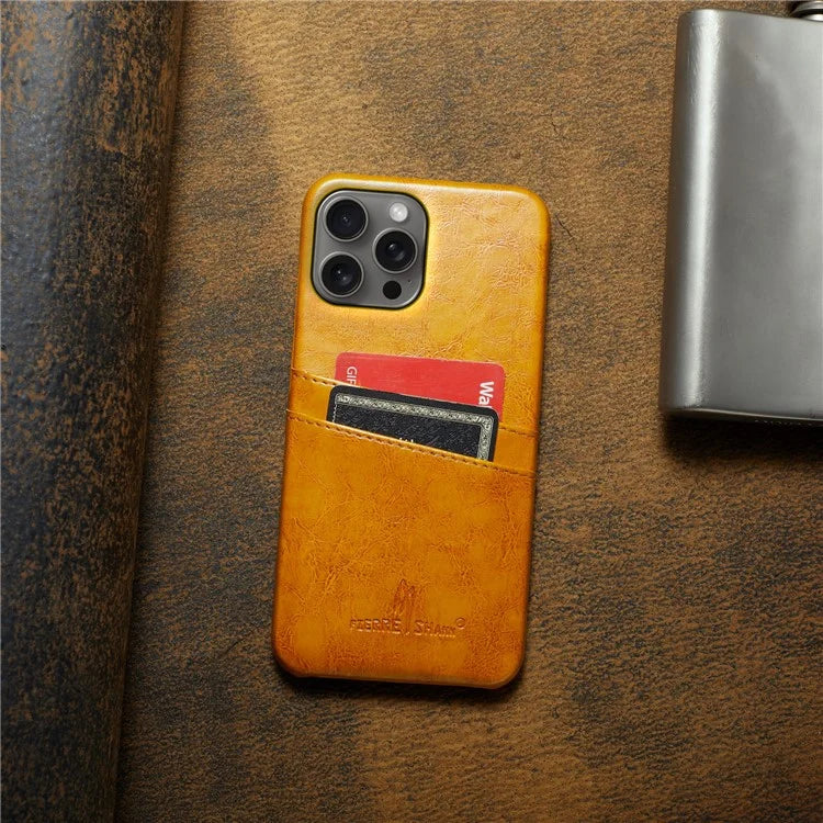 FIERRE SHANN For iPhone 16 Pro Case Waxy PU Leather+PC Card Holder Phone Cover