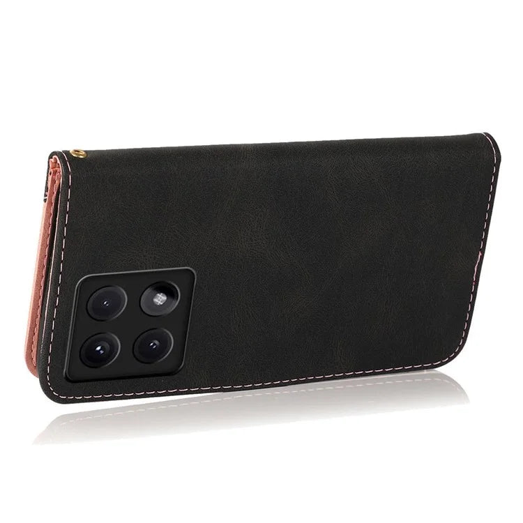 For Xiaomi 14T Cover Color Splicing Wallet Stand Leather Phone Case with Wrist Strap