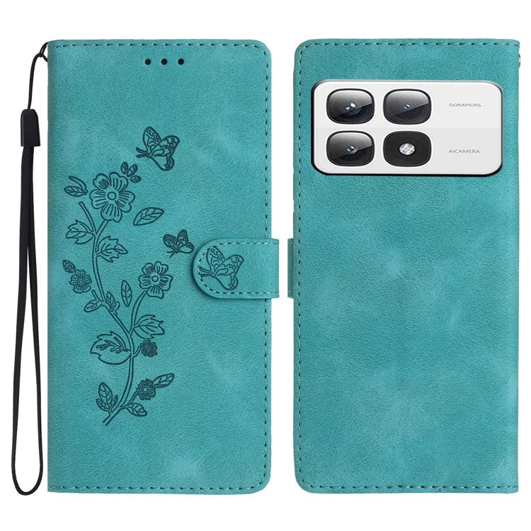 For Xiaomi 14T Pro Case Leather Imprinted Flower Phone Cover Wallet with Wrist Strap