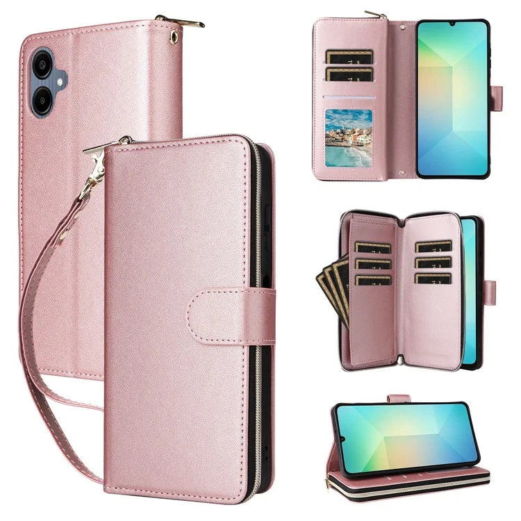 R20 For Samsung Galaxy A06 Case Zipper Pocket PU Leather Cover with 9 Card Slots