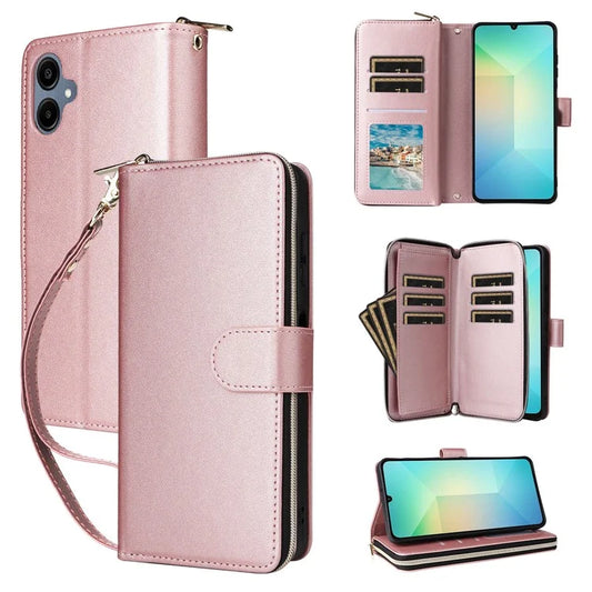 R20 For Samsung Galaxy A06 Case Zipper Pocket PU Leather Cover with 9 Card Slots