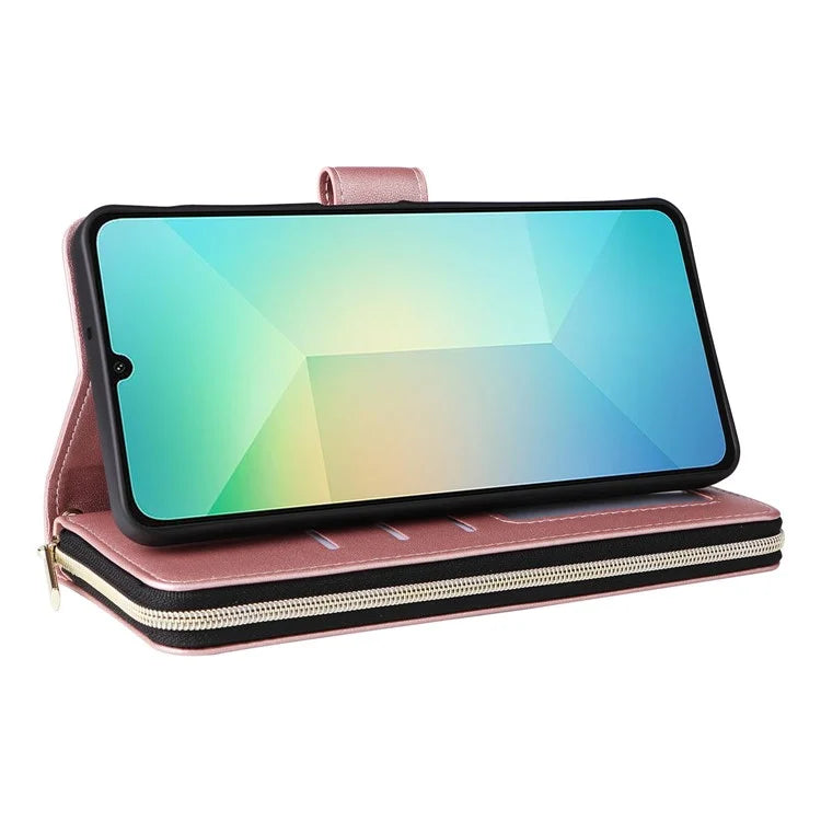 R20 For Samsung Galaxy A06 Case Zipper Pocket PU Leather Cover with 9 Card Slots