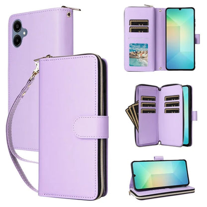 R20 For Samsung Galaxy A06 Case Zipper Pocket PU Leather Cover with 9 Card Slots