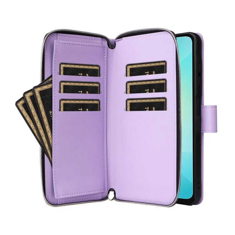 R20 For Samsung Galaxy A06 Case Zipper Pocket PU Leather Cover with 9 Card Slots