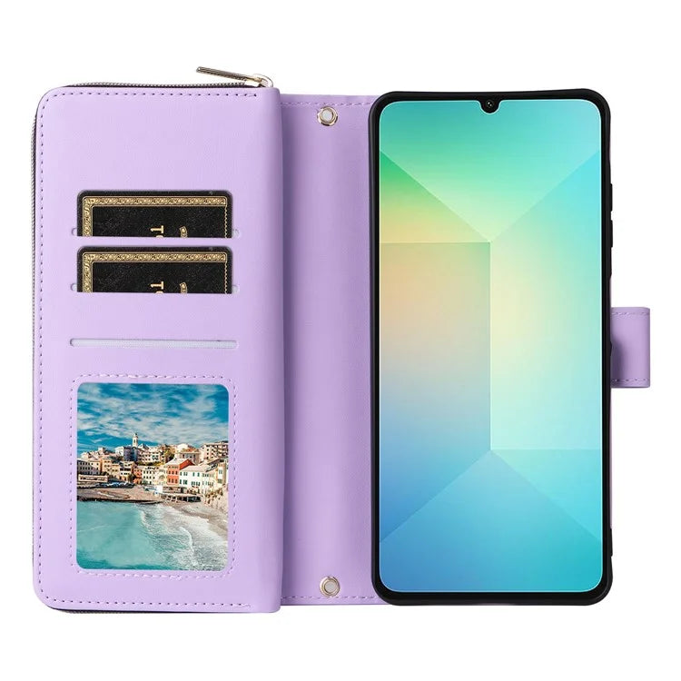 R20 For Samsung Galaxy A06 Case Zipper Pocket PU Leather Cover with 9 Card Slots