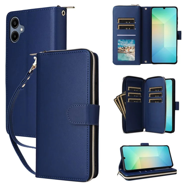 R20 For Samsung Galaxy A06 Case Zipper Pocket PU Leather Cover with 9 Card Slots