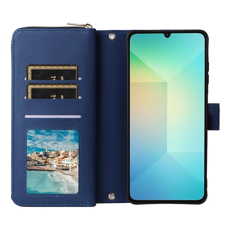 R20 For Samsung Galaxy A06 Case Zipper Pocket PU Leather Cover with 9 Card Slots
