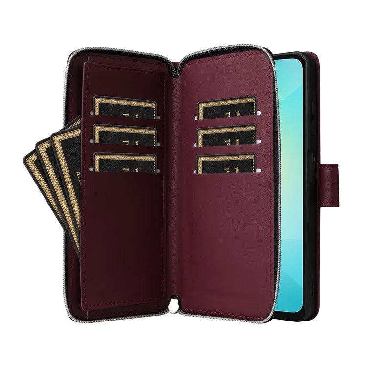 R20 For Samsung Galaxy A06 Case Zipper Pocket PU Leather Cover with 9 Card Slots