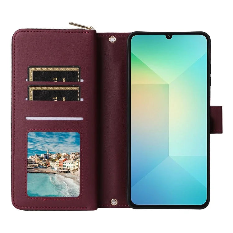R20 For Samsung Galaxy A06 Case Zipper Pocket PU Leather Cover with 9 Card Slots