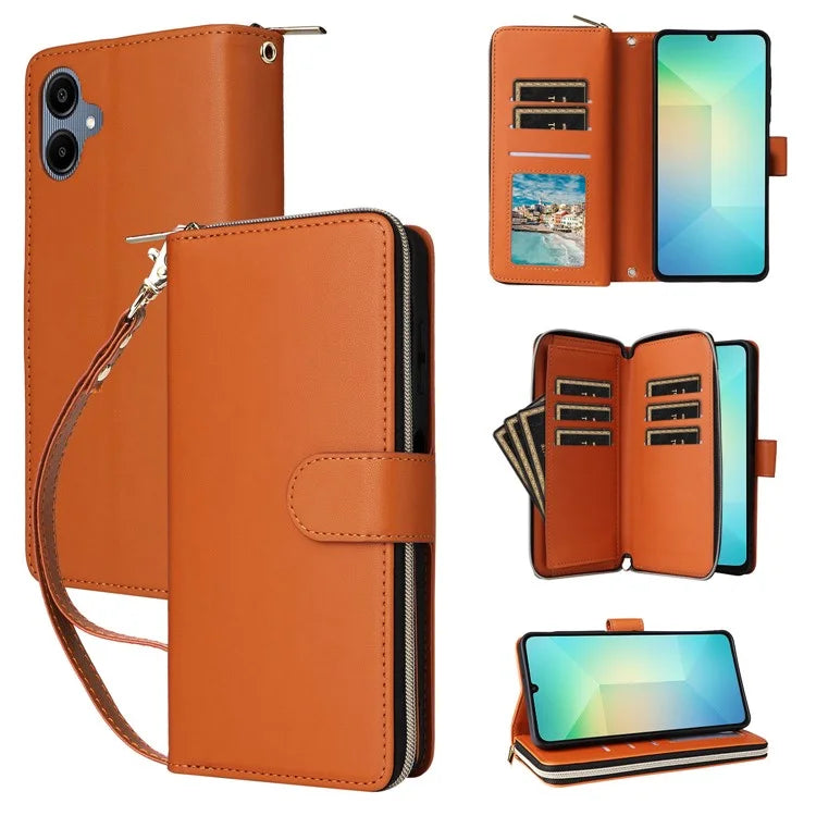 R20 For Samsung Galaxy A06 Case Zipper Pocket PU Leather Cover with 9 Card Slots