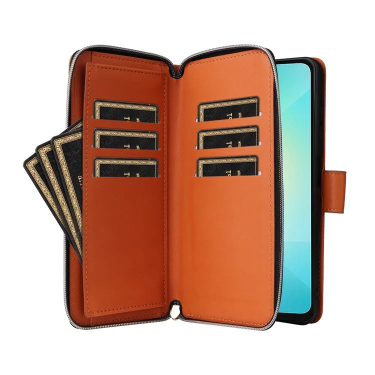R20 For Samsung Galaxy A06 Case Zipper Pocket PU Leather Cover with 9 Card Slots