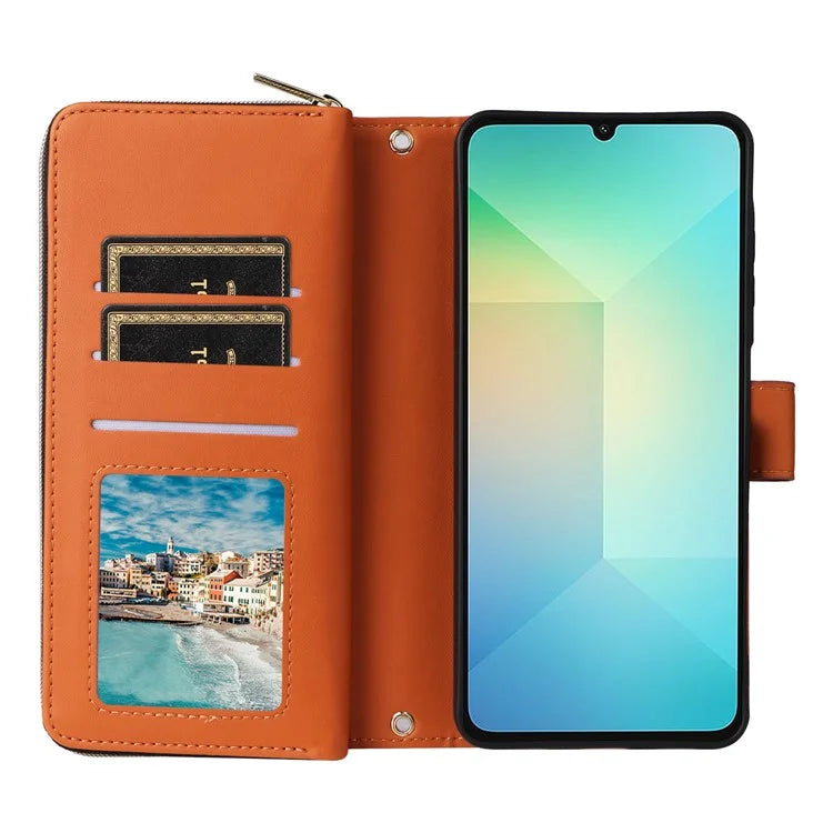 R20 For Samsung Galaxy A06 Case Zipper Pocket PU Leather Cover with 9 Card Slots