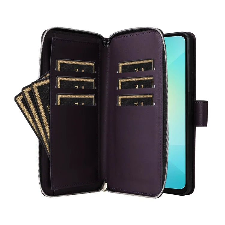 R20 For Samsung Galaxy A06 Case Zipper Pocket PU Leather Cover with 9 Card Slots