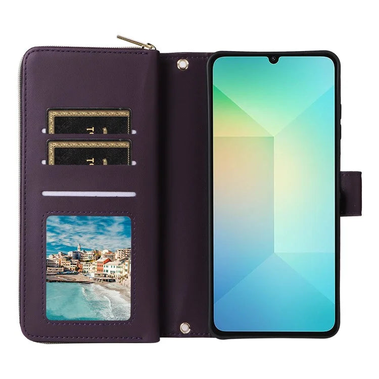 R20 For Samsung Galaxy A06 Case Zipper Pocket PU Leather Cover with 9 Card Slots