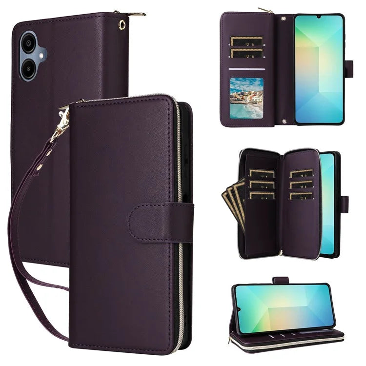 R20 For Samsung Galaxy A06 Case Zipper Pocket PU Leather Cover with 9 Card Slots