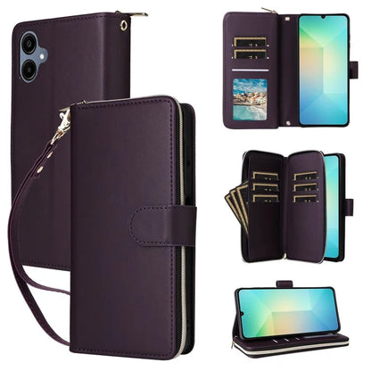 R20 For Samsung Galaxy A06 Case Zipper Pocket PU Leather Cover with 9 Card Slots