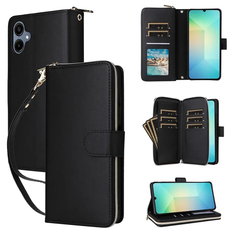 R20 For Samsung Galaxy A06 Case Zipper Pocket PU Leather Cover with 9 Card Slots