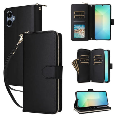 R20 For Samsung Galaxy A06 Case Zipper Pocket PU Leather Cover with 9 Card Slots
