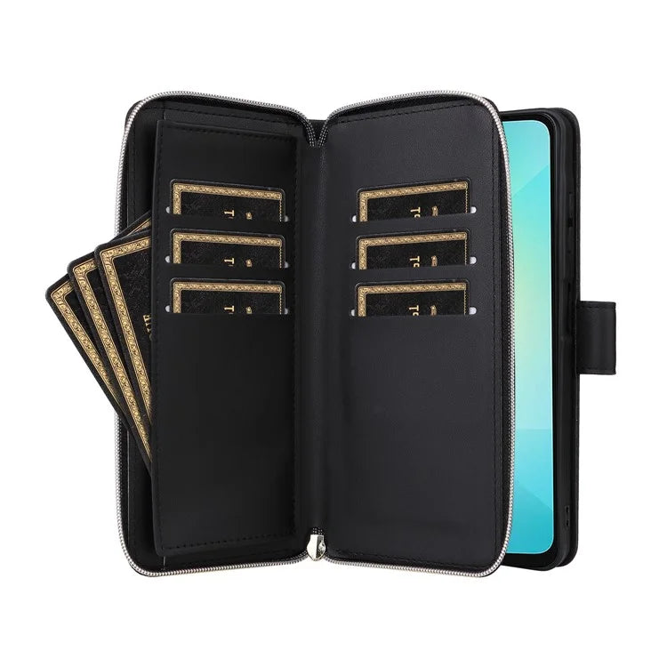 R20 For Samsung Galaxy A06 Case Zipper Pocket PU Leather Cover with 9 Card Slots