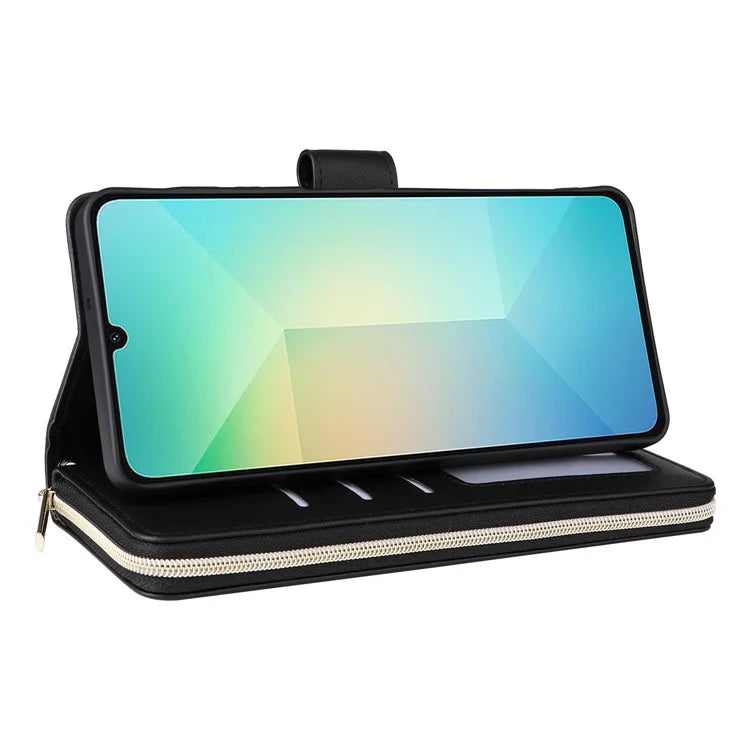 R20 For Samsung Galaxy A06 Case Zipper Pocket PU Leather Cover with 9 Card Slots