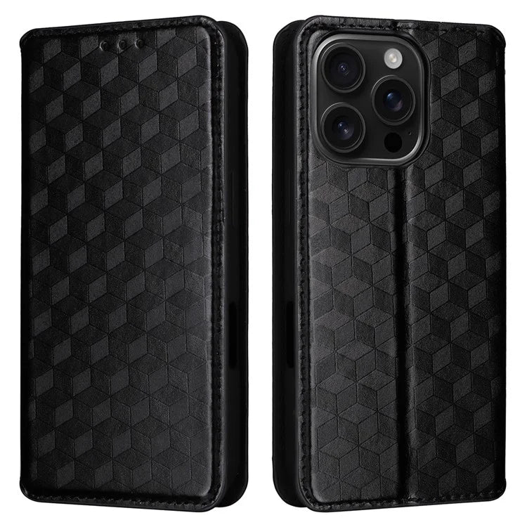 For iPhone 16 Pro Max Wallet Case Rhombus Imprinted Leather Phone Cover