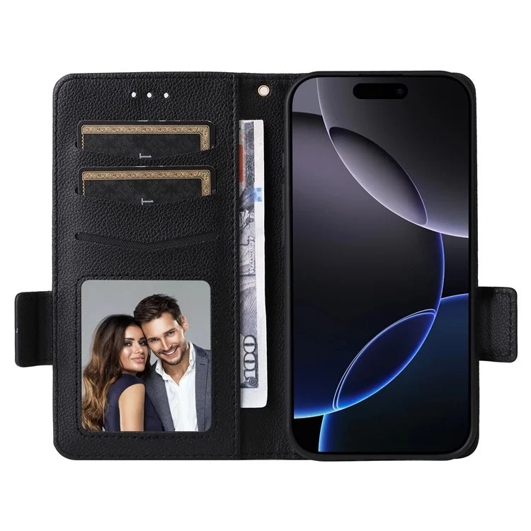 For iPhone 16 Pro Case Litchi Texture PU Leather Wallet Flip Phone Cover