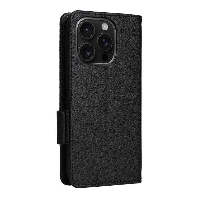 For iPhone 16 Pro Case Litchi Texture PU Leather Wallet Flip Phone Cover