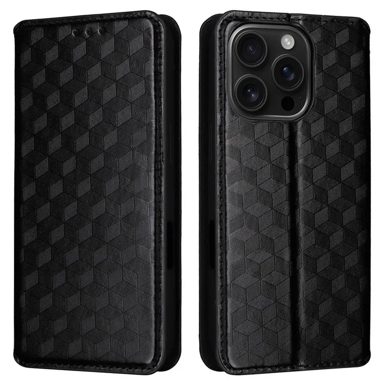 For iPhone 16 Pro Wallet Case Rhombus Imprinted Leather Phone Cover