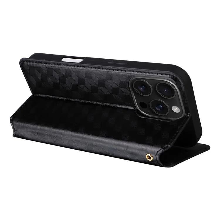 For iPhone 16 Pro Wallet Case Rhombus Imprinted Leather Phone Cover
