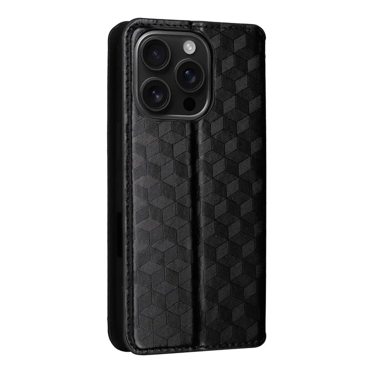 For iPhone 16 Pro Wallet Case Rhombus Imprinted Leather Phone Cover