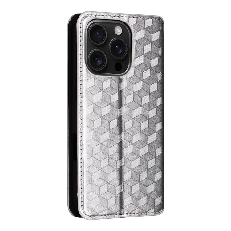 For iPhone 16 Pro Wallet Case Rhombus Imprinted Leather Phone Cover