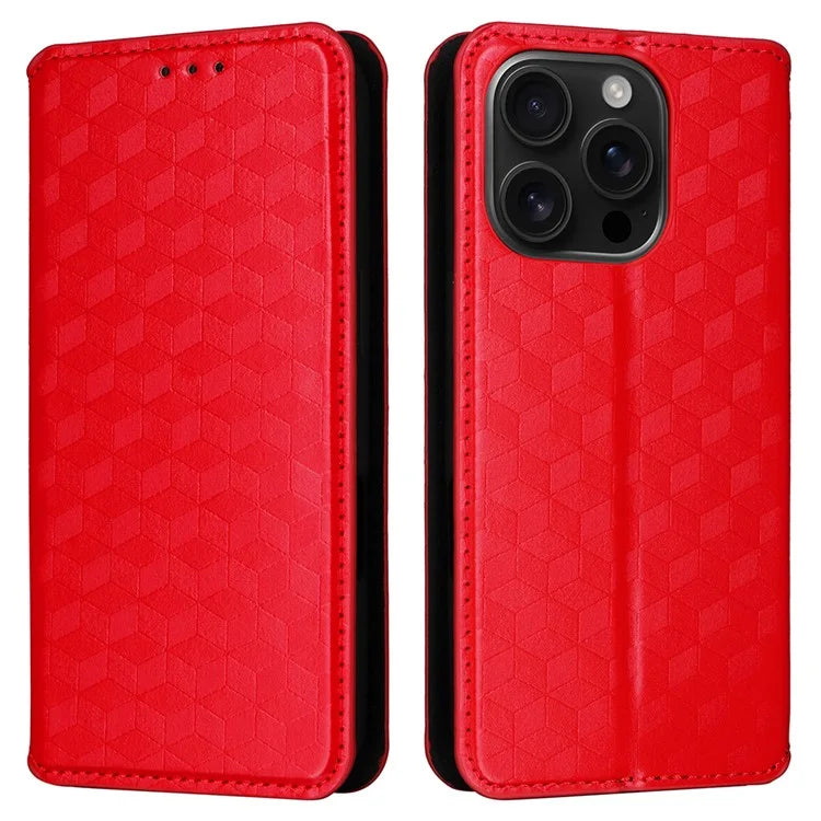 For iPhone 16 Pro Wallet Case Rhombus Imprinted Leather Phone Cover
